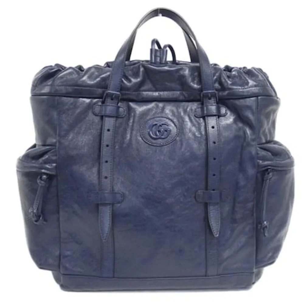 Gucci Blue Leather Drawstring Tote Bag With Tonal Double G Logo NWT